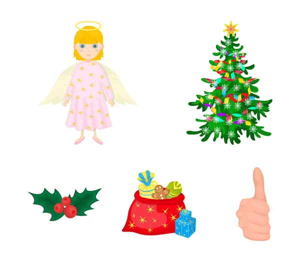 Albero di Natale, angelo, regali e icone dei cartoni animati agrifoglio in collezione set per il design. Natale vettore simbolo stock web illustrazione . — Vettoriale Stock