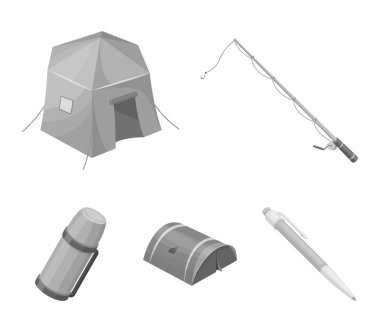 Balık tutma, çadır, termos için iplik. Çadır toplama simgeler tek renkli stil vektör simge stok çizim web içinde ayarla..