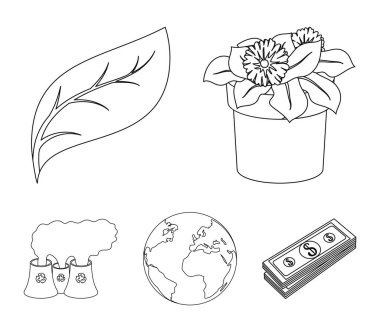 Bir işleme tesisi bir pot, yeşil bir yaprak, bir gezegen Earth.Bio ve ekoloji çiçek toplama simgeler anahat stili vektör simge stok çizim web içinde ayarla.
