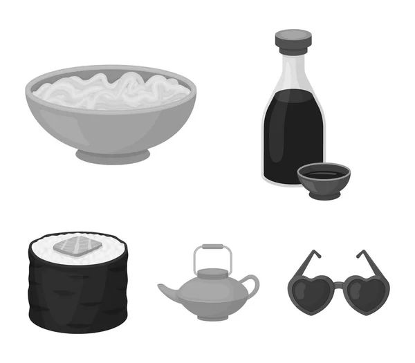 Sojasauce, Nudeln, kettle.rolls.sushi set Sammlung Symbole in monochromen Stil Vektor Symbol Stock Illustration Web. — Stockvektor