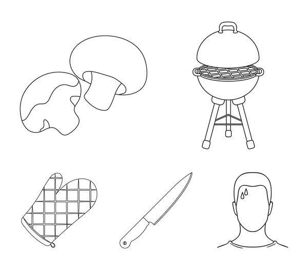 Barbecue grill, champignons, mes, barbecue mitten. BBQ-set collectie iconen in omtrek stijl symbool voorraad vectorillustratie, web — Stockvector