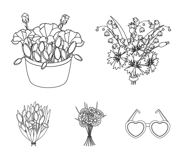 Ein Strauß frischer Blumen umreißt Symbole in Set-Kollektion für Design. verschiedene Sträuße Vektor Symbol Stock Web Illustration. — Stockvektor