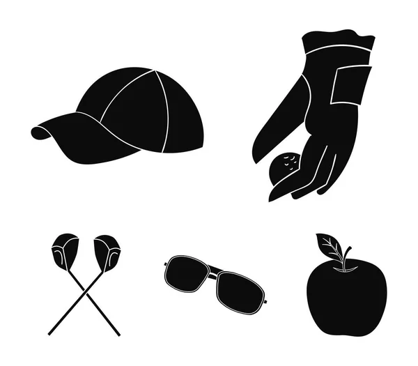 Egy kesztyű, a játék a golf labdát, egy piros sapkát, napszemüveget, két klub. Golf Club szett gyűjtemény ikonok fekete stílus vektor szimbólum stock illusztráció web. — Stock Vector