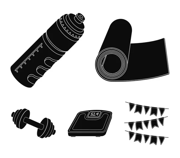 Eine Hantel, eine Decke und andere Geräte für das Training. Fitnessstudio und Workout Set Sammlung Symbole im schwarzen Stil Vektor Symbol Stock Illustration Web. — Stockvektor
