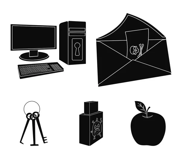 Вірус, монітор, дисплей, екран .Hackers і злом набору піктограм колекції в чорному стилі Векторні символи стокової ілюстрації веб . — стоковий вектор