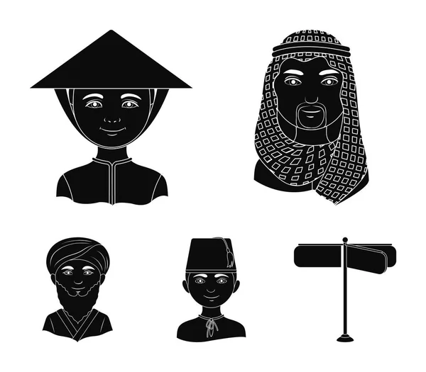 Arap, Türkler, Vietnam, Orta Asya adam. İnsan ırkının toplama simgeler siyah stil vektör simge stok çizim web içinde ayarla.. — Stok Vektör
