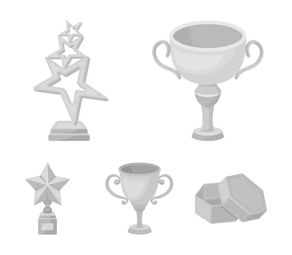 Taça de prata para o segundo lugar, estrelas de ouro no estande, uma xícara com uma estrela, uma xícara de ouro.Prêmios e troféus definir ícones de coleção em estilo monocromático símbolo vetorial web ilustração . —  Vetores de Stock