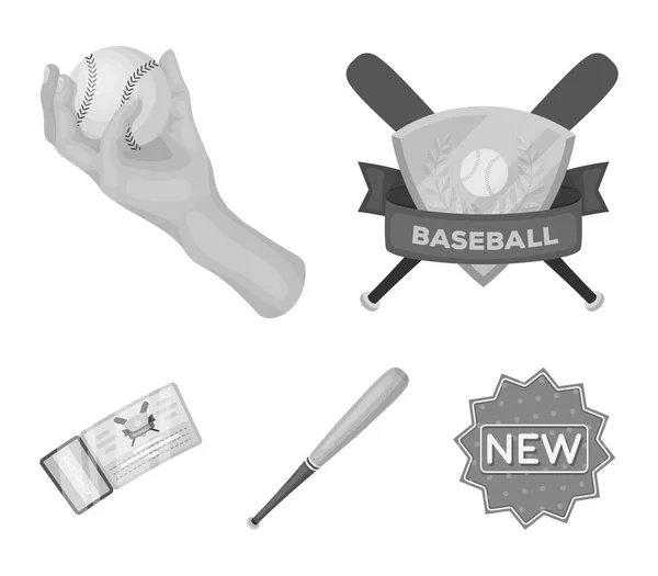 Emblema del club, bate, pelota en mano, boleto para el partido. Béisbol conjunto colección iconos en el estilo monocromo vector símbolo stock ilustración web . — Vector de stock