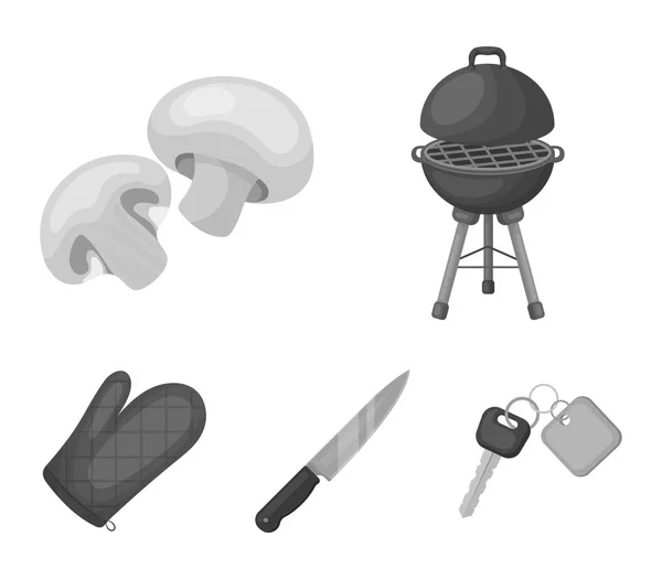 Barbeque grill, pieczarki, nóż, rękawiczka sprzęt do grillowania. BBQ kolekcja zestaw ikon w monochromatyczne styl symbol wektor czas ilustracja, www — Wektor stockowy