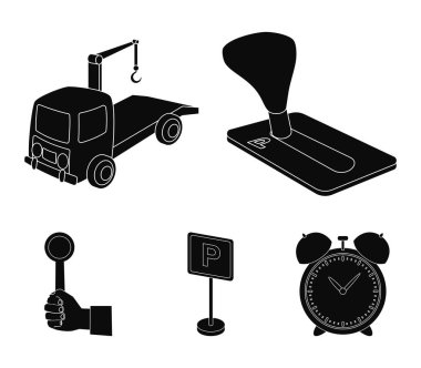 İletim kolu, çekici, Park işareti, stop sinyali. Buraya park edilmez toplama simgeler siyah stil vektör simge stok çizim web içinde ayarla..