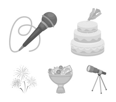 El bir kek krem, bir kablo ile bir mikrofon, bir buket gül bir tebrik kartı, bir festival Selam ile yapmak. Etkinlik Hizmetleri toplama simgeler tek renkli stil vektör simge stok ayarla.