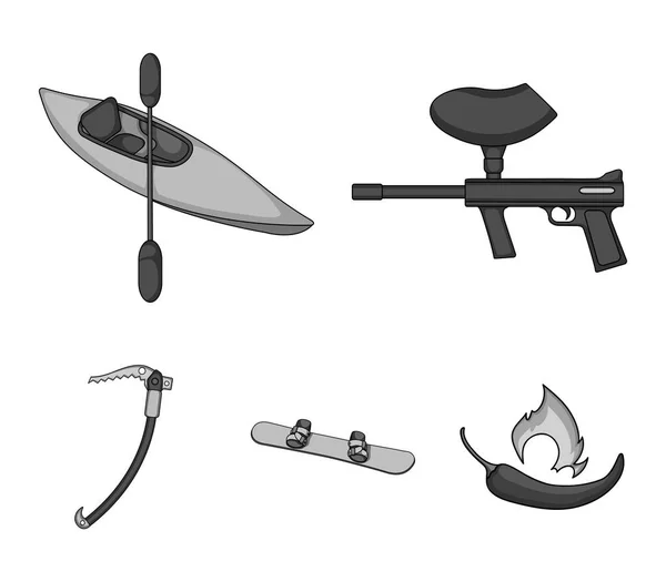 Paintball marker, kayak with a paddle, snowboard and climbing ice ax.Extreme sport set collection icons in monochrome style vector symbol stock illustration web. Stock Vector