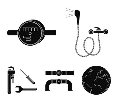 Duş, musluk, su sayacı ve diğer ekipmanlar. Sıhhi tesisat toplama simgeler siyah stil vektör simge stok çizim web içinde ayarla..