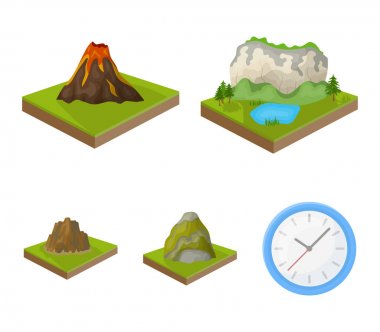 Dağlar, kayalar ve peyzaj. Yardım ve dağlar toplama simgeler karikatür tarzı izometrik vektör simge stok çizim web içinde ayarla.