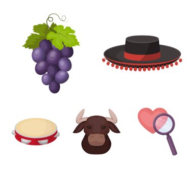 Todeador, matador, bir avuç üzüm ile yumruk, bir boğa için İspanyol boğa güreşi, bir tef şapka. İspanya ülke karikatür tarzı vektör simge stok çizimde koleksiyon Icons set
