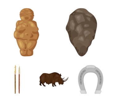 İlkel, kadın, erkek, sığır. Taş Devri çizgi film tarzı vektör simge stok çizim web simgeler ayarla.