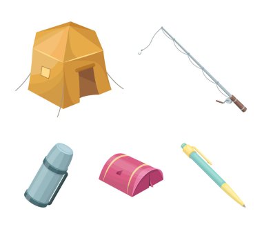 Balık tutma, çadır, termos için iplik. Çadır toplama simgeler karikatür tarzı vektör simge stok çizim web içinde ayarla..