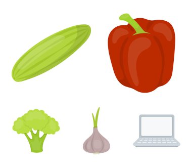 Kırmızı tatlı biber, yeşil salatalık, sarımsak, lahana. Sebze toplama simgeler karikatür tarzı vektör simge stok çizim web içinde ayarla..