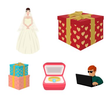 Bir düğün, bir gelin duvak ve bir elbise, bir halka bir elmas nişan yüzüğü bir elmas, hediye kutuları için bir hediye ile bir kutu. Düğün toplama simgeler vektör simge stok karikatür tarzı ayarla