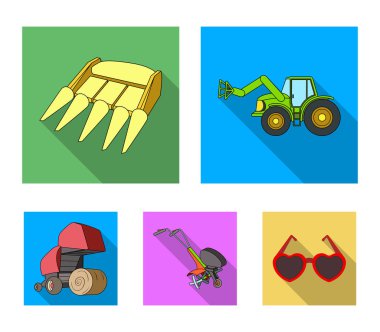 Motoblock ve diğer tarım cihazlar. Tarım makineleri toplama simgeler düz stil vektör simge stok çizim web içinde ayarla..