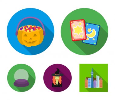 Tarot kartları, tatil Cadılar Bayramı, sihirbaz şapkalı, kristal top. Siyah ve beyaz büyü toplama simgeler düz stil vektör simge stok çizim web içinde ayarla..