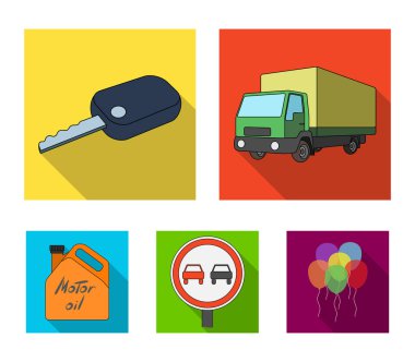 Tente, kontak anahtarı, yasaklayıcı işaret, teneke kutu, araç motor yağı ile küme toplama simgeler düz stil vektör simge stok çizim web içinde kamyon.