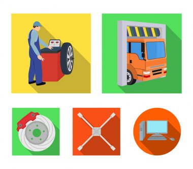 Tekerlek Dengeleme, somun anahtarı ve fren disk düz simgeler set koleksiyonu tasarım için. Araba bakım istasyonu vektör simge stok çizim web.