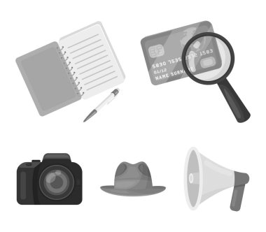 Kamera, Büyüteç, şapka, defter kalem ile. Dedektif toplama simgeler tek renkli stil vektör simge stok çizim web içinde ayarla..