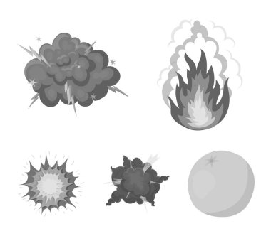 Alevi, kıvılcım, hidrojen parçaları, atomik ya da gaz patlaması, fırtına, güneş patlaması. Patlamalar toplama simgeler tek renkli stil vektör simge stok çizim web içinde ayarla..