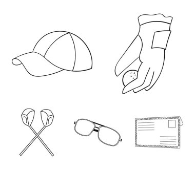 Bir top, kırmızı şapka, güneş gözlüğü, iki kulüp ile golf oynamak için bir eldiven. Golf Club toplama simgeler anahat stili vektör simge stok çizim web içinde ayarla..