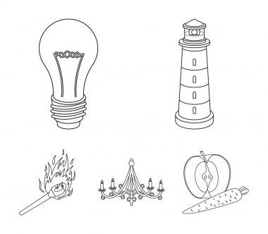 Bir deniz feneri, bir akkor lamba, mum ile bir avize, kibriti. Işık kaynağı toplama simgeler anahat stili vektör simge stok çizim web içinde ayarla..