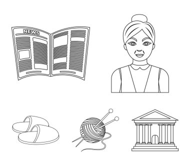 Yaşlı bir kadın, terlik, bir gazete, örgü. Yaşlılık toplama simgeler anahat stili vektör simge stok çizim web içinde ayarla..