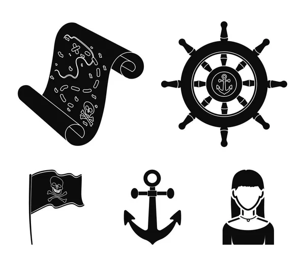 Pirata, bandido, timón, bandera .Pirates conjunto de iconos de colección en negro estilo vector símbolo stock ilustración web . — Vector de stock