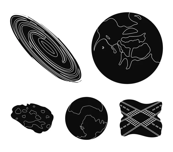 Merkur, Pluto planetou sluneční soustavy. Černá díra a meteoritu. Planety sada kolekce ikon v černém stylu vektor symbol skladem ilustrace web. — Stockový vektor