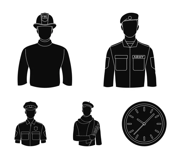 Militair, brandweerman, kunstenaar, politieagent. Beroep ingesteld collectie iconen in zwarte stijl vector symbool stock illustratie web. — Stockvector