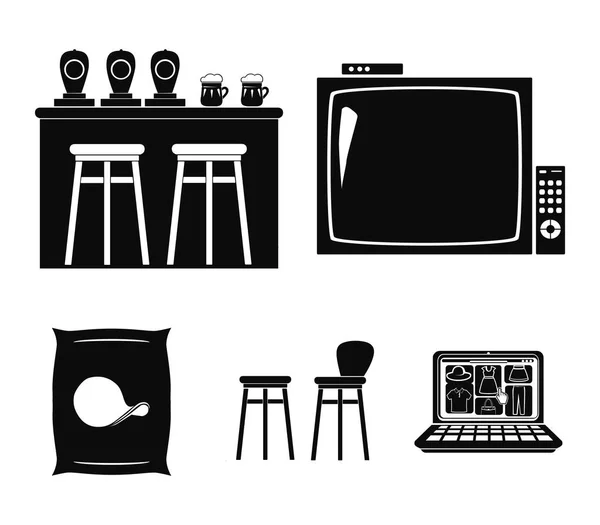 TV, barra de bar, sillas y sillones, patatas chips.Pub conjunto de iconos de la colección en el estilo negro vector símbolo stock illustration web . — Archivo Imágenes Vectoriales