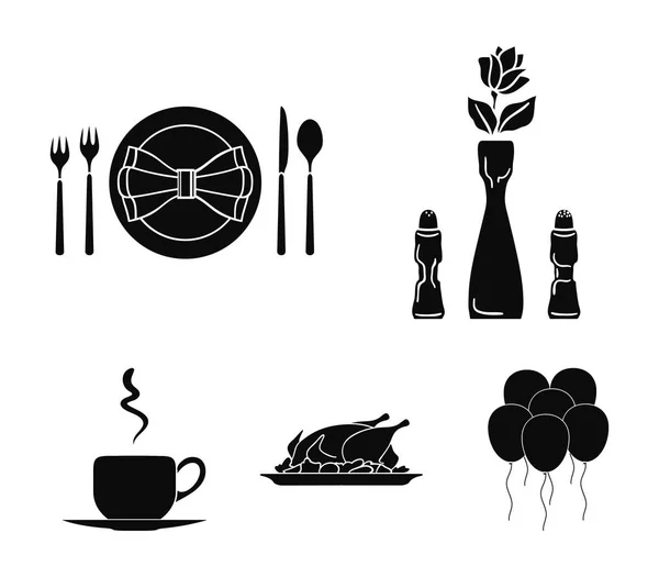 Wazon z kwiat, nakrycie stołu, smażony kurczak z dekoracji, filiżankę kawy. Restauracja zestaw kolekcji ikon w czarny styl wektor symbol ilustracji w sieci web. — Wektor stockowy