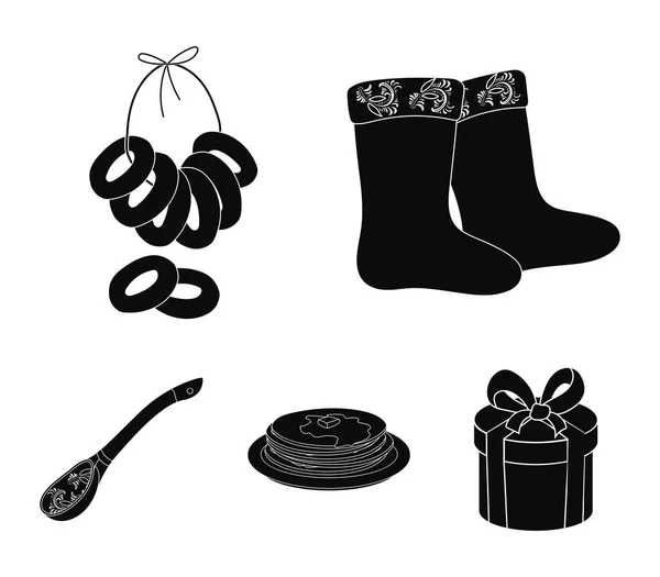 Fieltro, botas, secado, pan de jengibre. Rusia país conjunto colección iconos en negro estilo vector símbolo stock ilustración web . — Archivo Imágenes Vectoriales