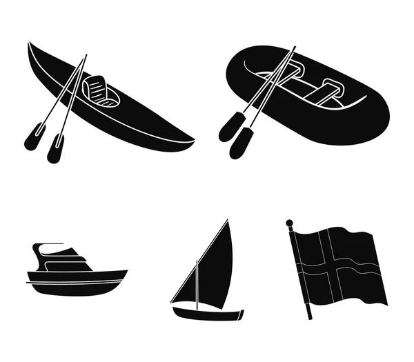 Um barco de pesca de borracha, um caiaque com remos, uma escuna de pesca, um iate a motor. Navios e ícones de coleta de conjunto de transporte de água em estilo preto símbolo vetorial ilustração web . —  Vetores de Stock