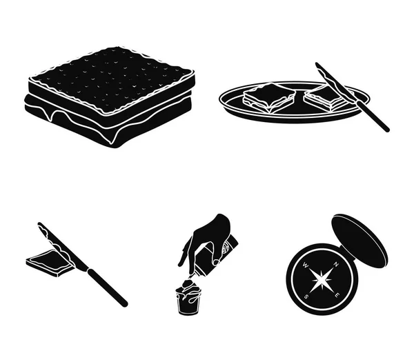 Efterrätt med grädde, en smörgås och andra livsmedel. Mat som samling ikoner i svart stil vektor symbol stock illustration web. — Stock vektor