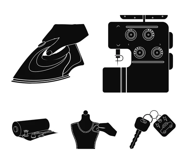 Ηλεκτρική ραπτομηχανή, σίδερο σιδερώματος, σήμανση με κιμωλία ρούχα, ρολό ύφασμα και άλλο εξοπλισμό. Ράψιμο και εξοπλισμού συλλογής εικόνες που σε μαύρο στυλ διάνυσμα σύμβολο μετοχής εικονογράφηση web — Διανυσματικό Αρχείο