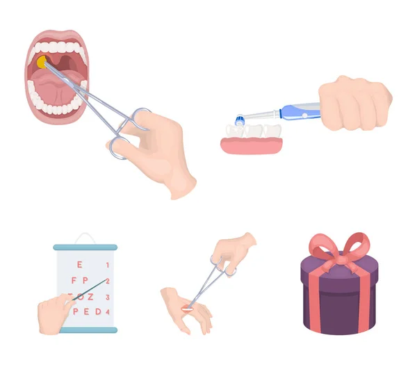 치과 치료, 상처 치료 및 만화 style.oral 치료, 시력 아이콘 집합된 컬렉션에 테스트에 다른 웹 아이콘. — 스톡 벡터