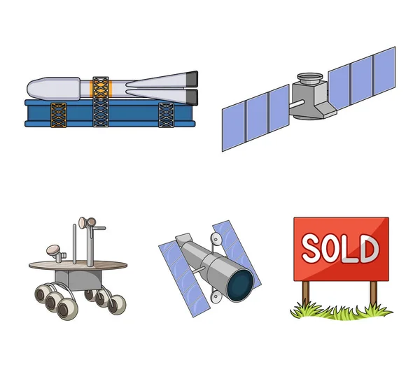 Космічна станція на орбіті, підготовка пускової ракети, місячний марсохід на поверхні. Космічні технології набір значків колекції в мультиплікаційному стилі Векторний символ запас ілюстрації веб . — стоковий вектор
