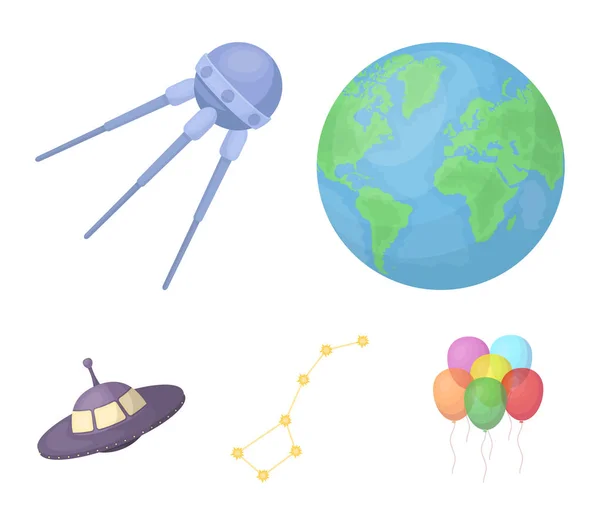 Planetjorden med kontinenter och hav, flygande satellit, Ursa Major, Ufo. Utrymme som samling ikoner i tecknad stil vektor symbol stock illustration web. — Stock vektor