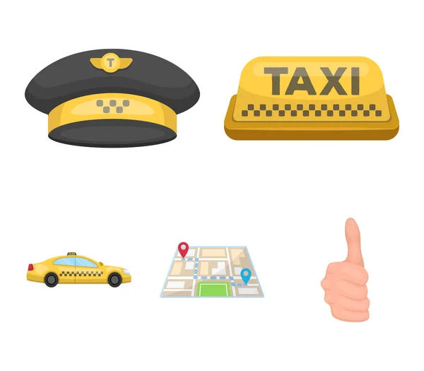 Inscripción amarilla del taxi, una gorra con una placa de taxi, un mapa con una marca, un coche con damas. Taxi set colección iconos en el estilo de dibujos animados vector símbolo stock ilustración web . — Vector de stock
