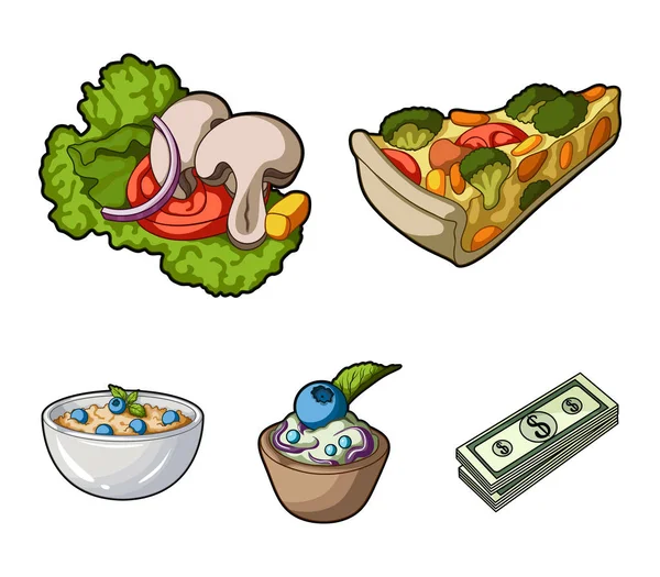 Κομμάτι Χορτοφαγική Πίτσα με ντομάτα, φύλλα μαρουλιού με μανιτάρια, το κέικ βακκινίων, χορτοφάγος σούπα με χόρτα. Χορτοφαγικά πιάτα που συλλογή εικονιδίων στο απόθεμα σύμβολο διάνυσμα στυλ καρτούν — Διανυσματικό Αρχείο