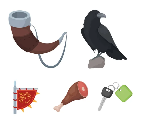 Sitzende Krähe, Horn mit Getränk, Schinken, Siegesfahne. Wikinger setzen Sammlung Symbole im Cartoon-Stil Vektor Symbol Stock Illustration Web. — Stockvektor