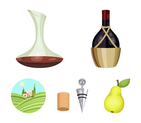 Egy üveg borral, egy kosarat, egy gafine, parafa, szőlő völgy dugóhúzó. Bortermelés településen rajzfilm stílusú vektor szimbólum stock illusztráció web ikonok gyűjtemény. — Stock Vector