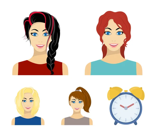 Tipos de peinados femeninos iconos de dibujos animados en la colección de conjuntos para el diseño. Apariencia de una mujer vector símbolo stock web ilustración . — Vector de stock