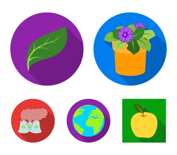 Una planta de procesamiento, flores en una maceta, una hoja verde, un planeta Tierra. Bio y ecología establecen iconos de colección en estilo plano vector símbolo stock ilustración web . — Vector de stock